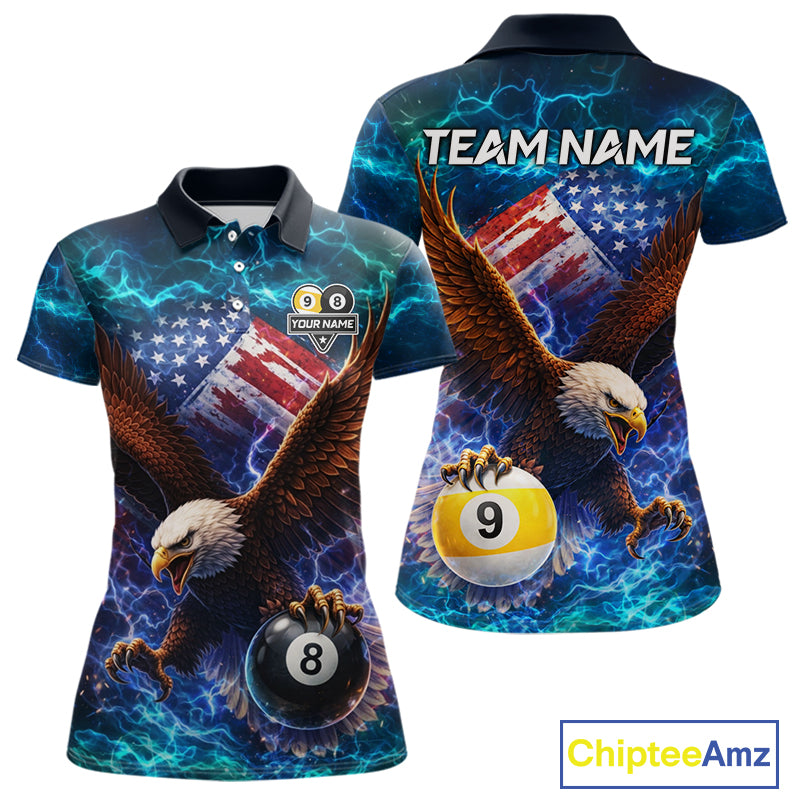 American Flag 8 & 9 Ball Eagle Lightning Billiard Shirt For Women Custom Patriotic Pool Team Jersey TDM5851