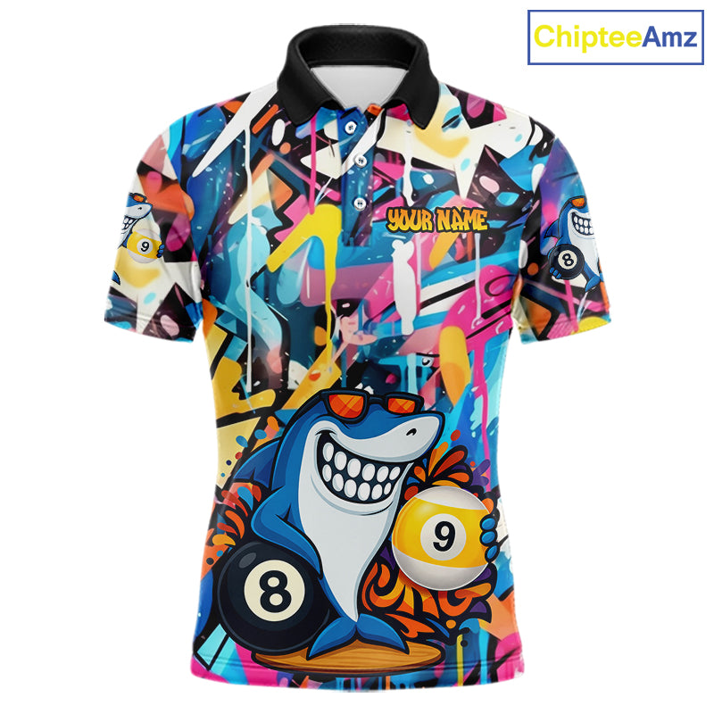 Funny Shark Colorful Graffiti Style Custom 8 & 9 Ball Billiard Shirt For Men, Billiard Team Jersey TDM5852