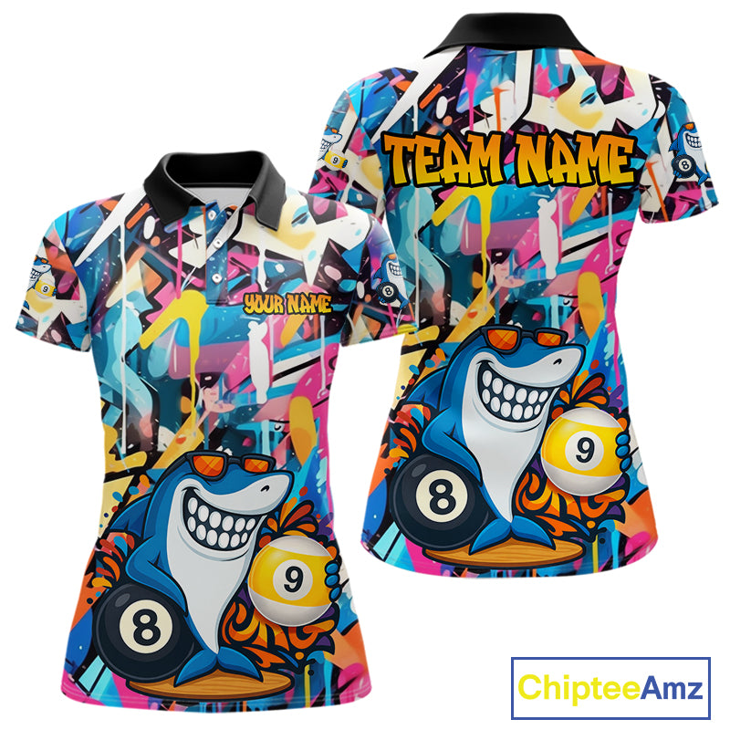 Funny Shark Colorful Graffiti Style Custom 8 & 9 Ball Billiard Shirt For Women, Billiard Team Jersey TDM5852