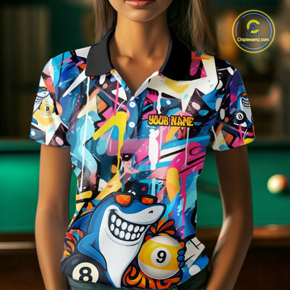 Funny Shark Colorful Graffiti Style Custom 8 & 9 Ball Billiard Shirt For Women, Billiard Team Jersey TDM5852