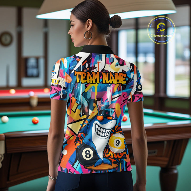 Funny Shark Colorful Graffiti Style Custom 8 & 9 Ball Billiard Shirt For Women, Billiard Team Jersey TDM5852