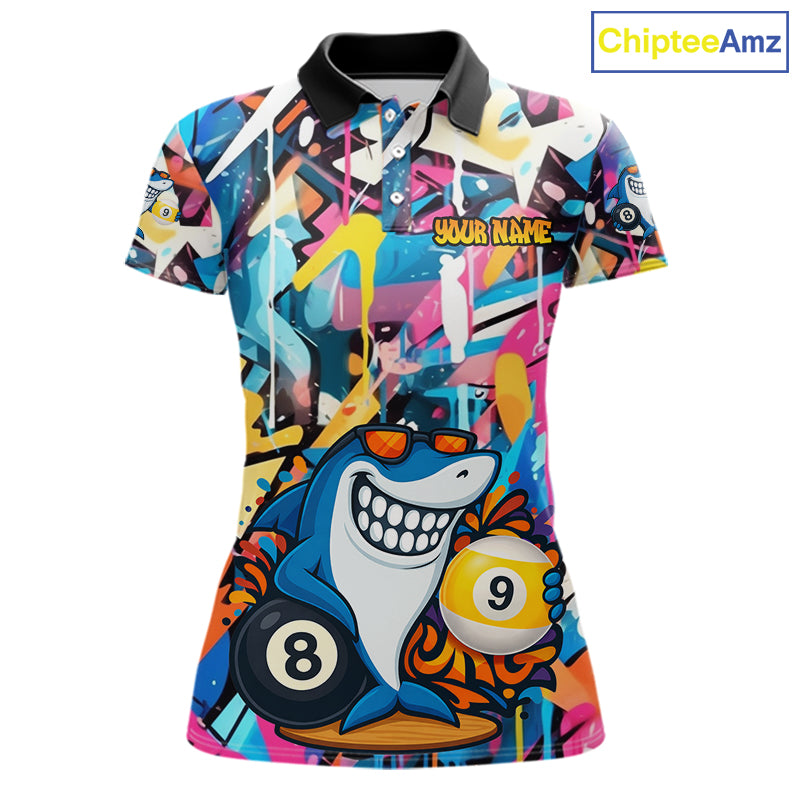 Funny Shark Colorful Graffiti Style Custom 8 & 9 Ball Billiard Shirt For Women, Billiard Team Jersey TDM5852