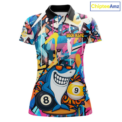 Funny Shark Colorful Graffiti Style Custom 8 & 9 Ball Billiard Shirt For Women, Billiard Team Jersey TDM5852