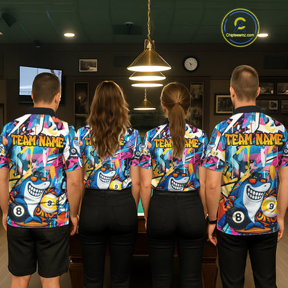 Funny Shark Colorful Graffiti Style Custom 8 & 9 Ball Billiard Shirt For Men, Billiard Team Jersey TDM5852