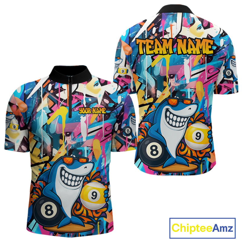 Funny Shark Colorful Graffiti Style Custom 8 & 9 Ball Billiard Shirt For Men, Billiard Team Jersey TDM5852
