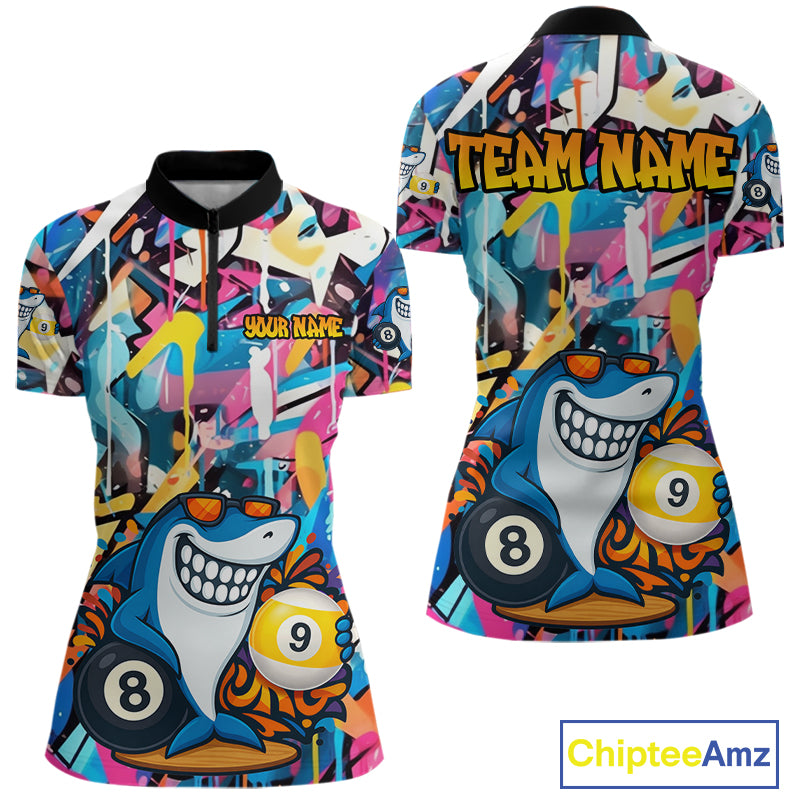 Funny Shark Colorful Graffiti Style Custom 8 & 9 Ball Billiard Shirt For Women, Billiard Team Jersey TDM5852