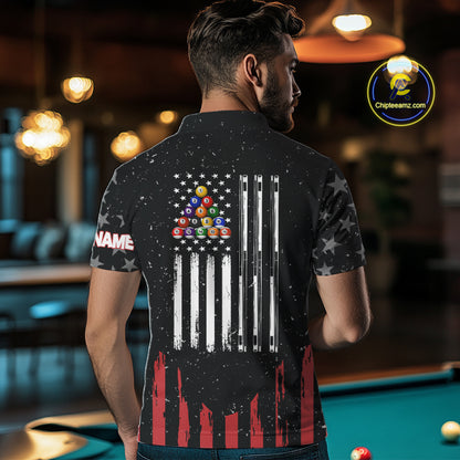 Black Grunge American Flag Billiard Shirt For Men Custom Patriotic Billiard Pool Jersey TDM3824
