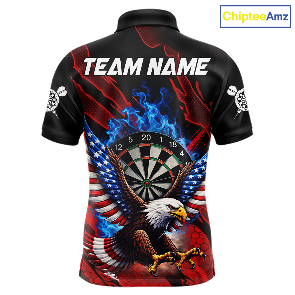 Blue Flaming Dartboard Shirt For Men Custom American Flag Eagle Darts Team Jersey Polo &1/4 Zip TDM6003