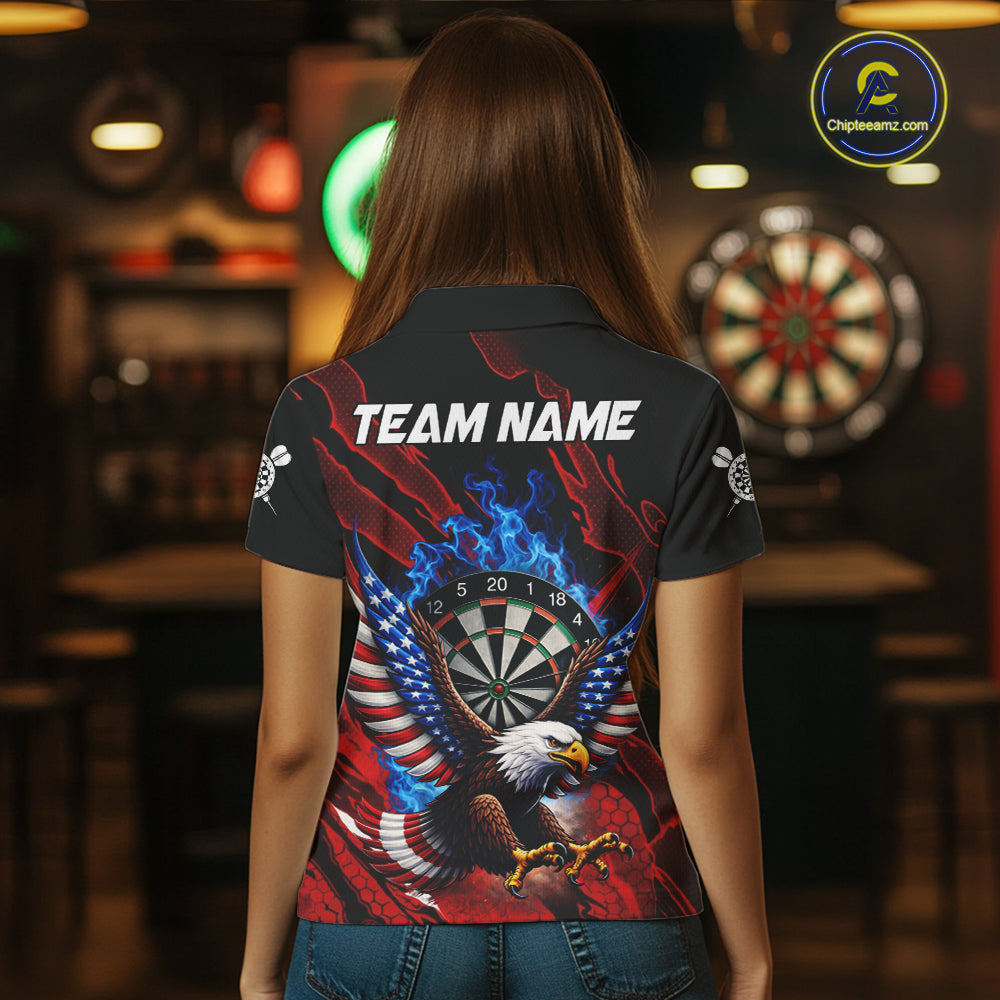 Blue Flaming Dartboard Shirt For Women Custom American Flag Eagle Darts Team Jersey Polo &1/4 Zip TDM6003