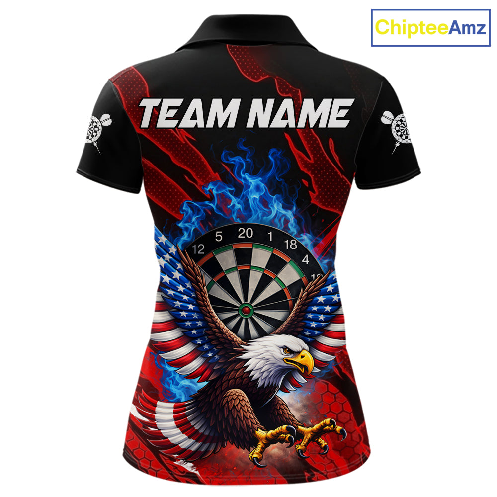 Blue Flaming Dartboard Shirt For Women Custom American Flag Eagle Darts Team Jersey Polo &1/4 Zip TDM6003