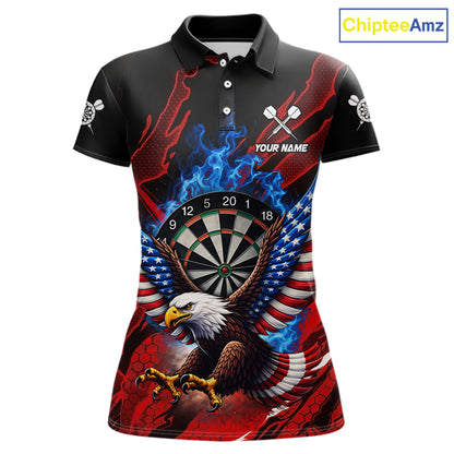 Blue Flaming Dartboard Shirt For Women Custom American Flag Eagle Darts Team Jersey Polo &1/4 Zip TDM6003
