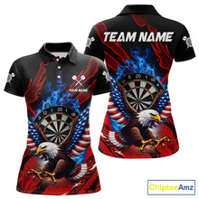 Load image into Gallery viewer, Blue Flaming Dartboard Shirt For Women Custom American Flag Eagle Darts Team Jersey Polo &amp;1/4 Zip TDM6003