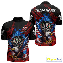 Load image into Gallery viewer, Blue Flaming Dartboard Shirt For Men Custom American Flag Eagle Darts Team Jersey Polo &amp;1/4 Zip TDM6003
