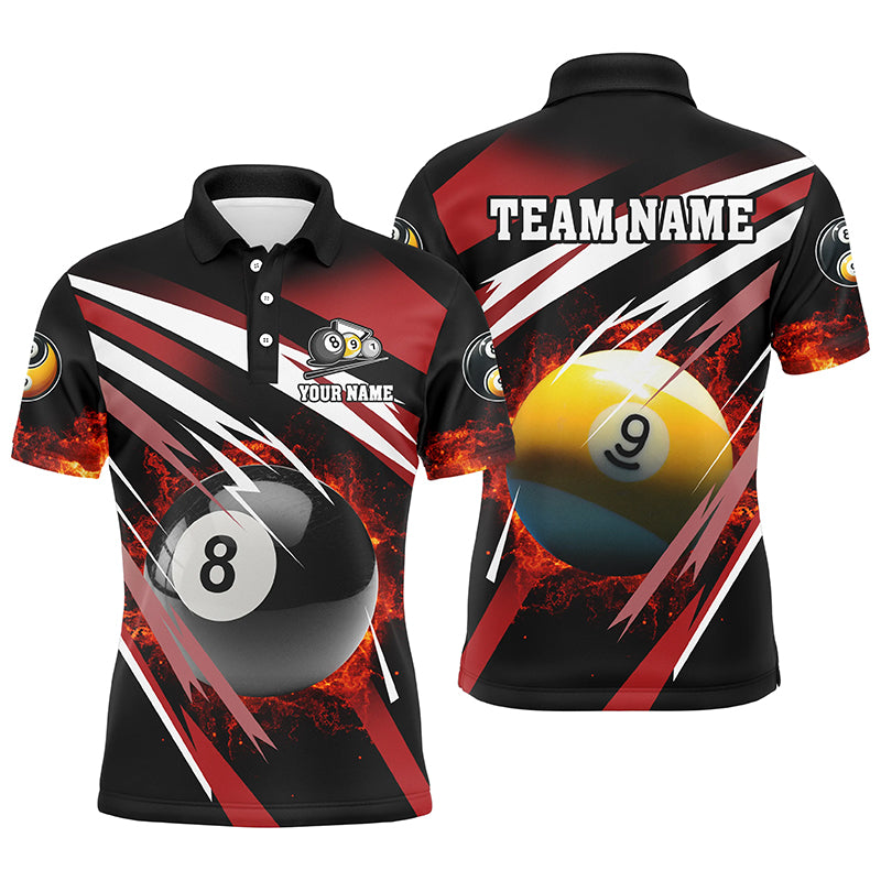 Personalized Billiard 8 Ball & 9 Ball Fire Men Polo Shirts Custom Billiard Jersey Attire | Red TDM1368