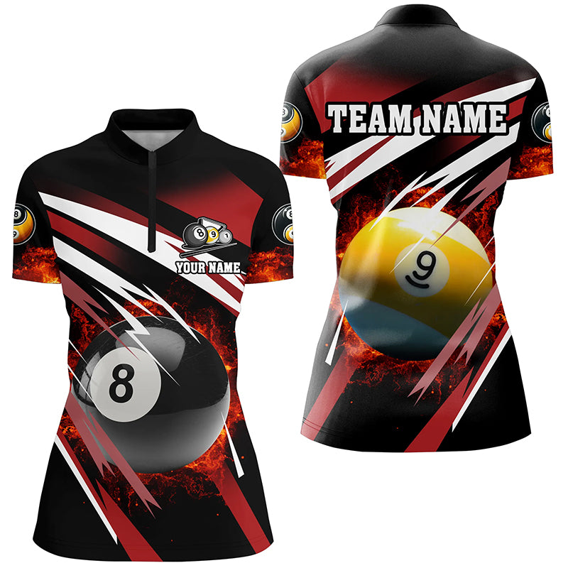 Billiard 8 Ball & 9 Ball Fire Women Quarter-Zip Shirts Custom Billiard Jersey Attire | Red TDM1368