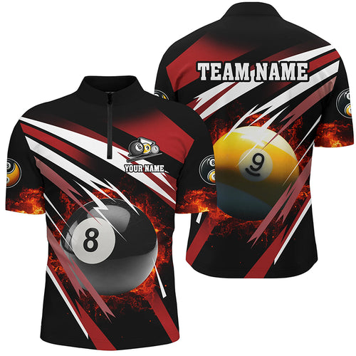 Billiard 8 Ball & 9 Ball Fire Men Quarter-Zip Shirts Custom Billiard Jersey Attire | Red TDM1368