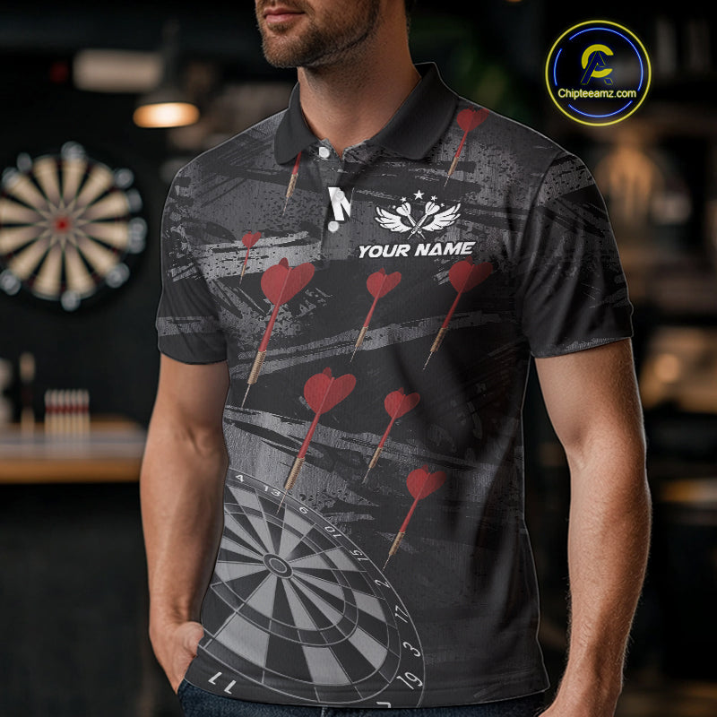 Black And Grey Grunge Dart Arrow Dart Shirts For Men Custom Dart Jerseys, Darts Team Shirts TDM3822