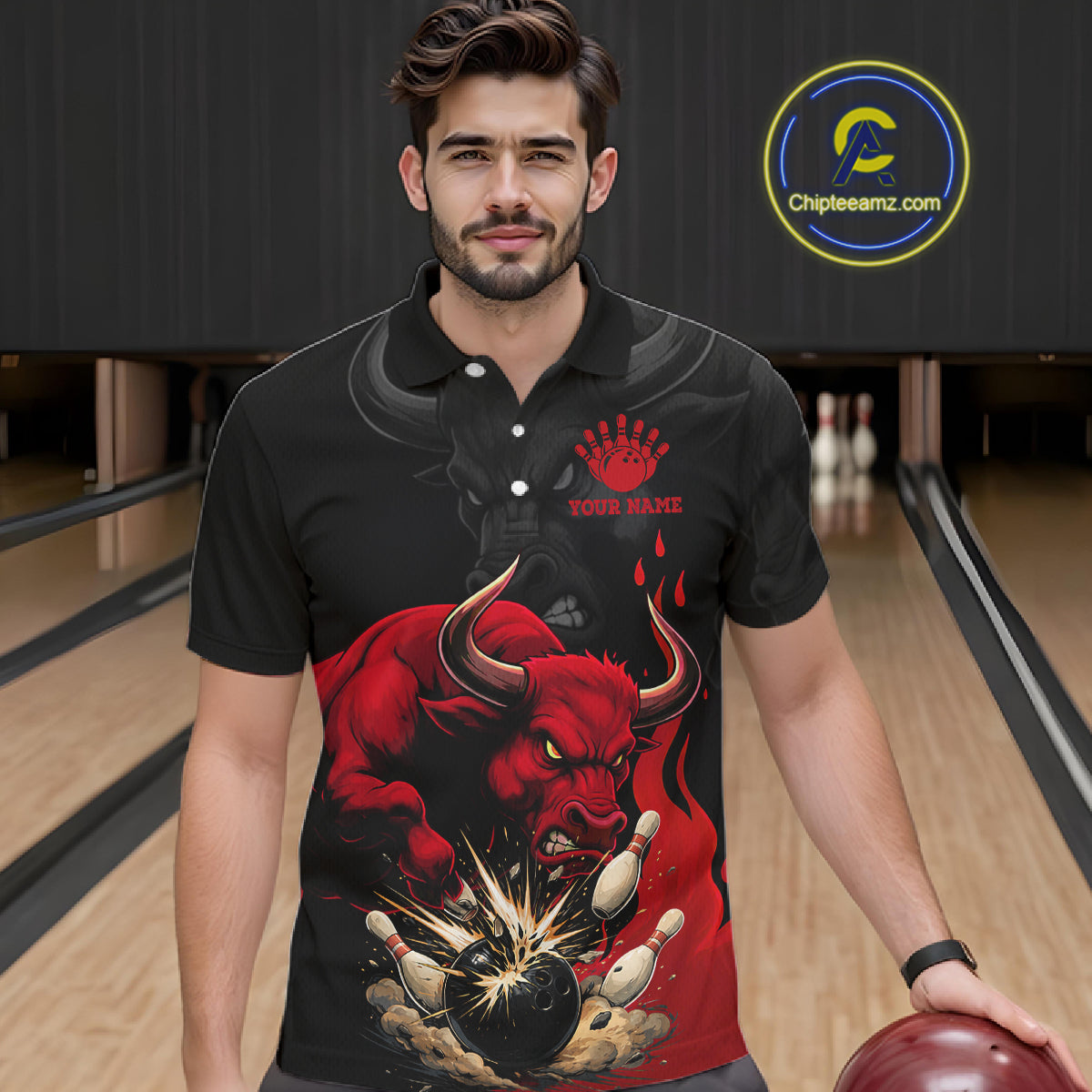 Black And Red Funny Bull Bowling Shirt For Men Custom Bowling Team Jersey Polo & Quarter Zip TDM6242