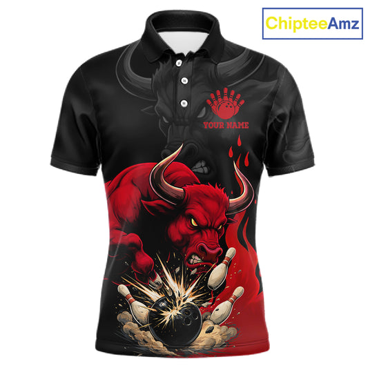 Black And Red Funny Bull Bowling Shirt For Men Custom Bowling Team Jersey Polo & Quarter Zip TDM6242