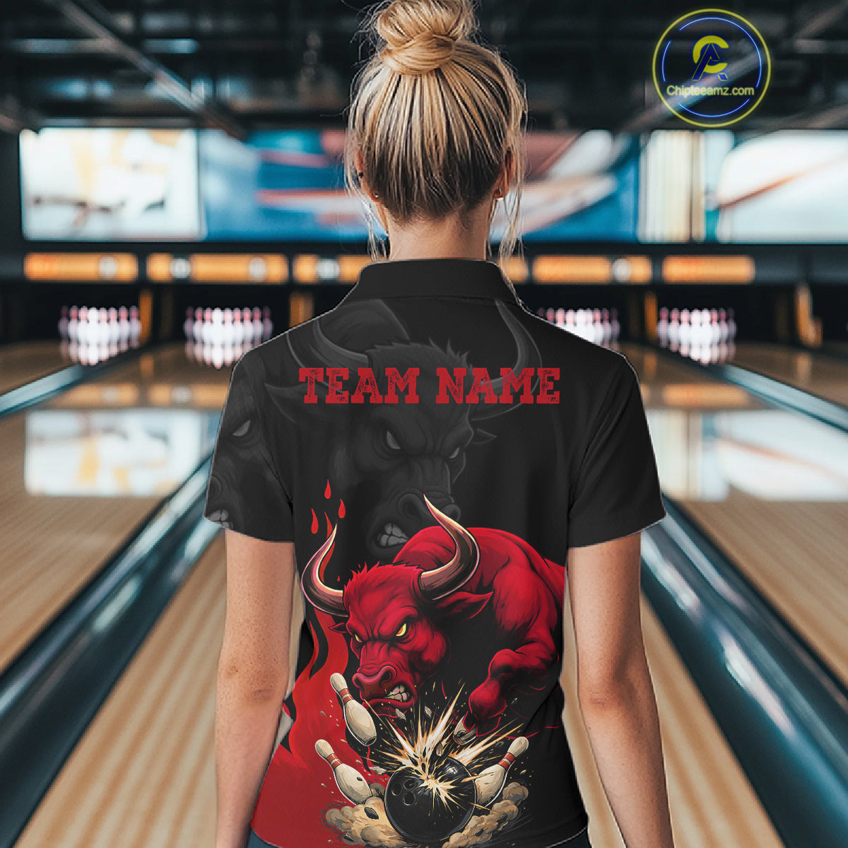 Black And Red Funny Bull Bowling Shirt For Women Custom Bowling Team Jersey Polo & Quarter Zip TDM6242