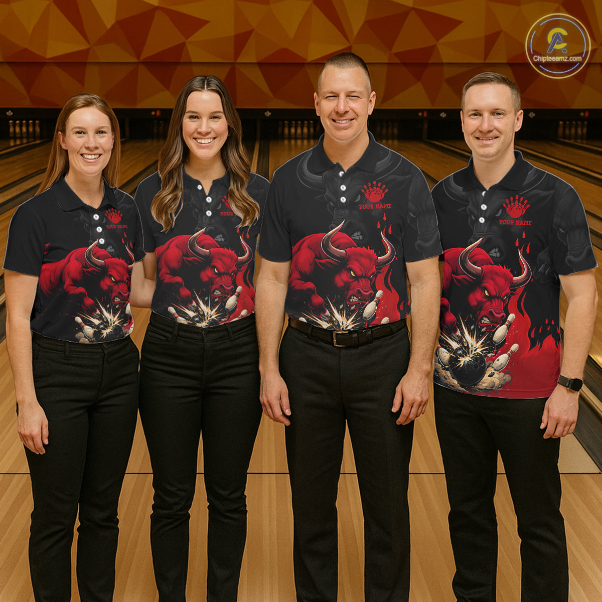Black And Red Funny Bull Bowling Shirt For Women Custom Bowling Team Jersey Polo & Quarter Zip TDM6242