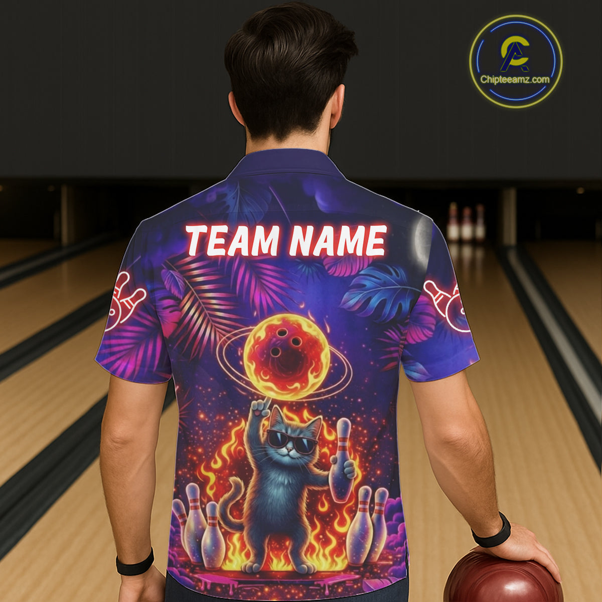 Custom Funny Cat Flame Bowling Hawaiian Shirt For Men Women, Personalized Tropical Bowling Jersey TDM6454