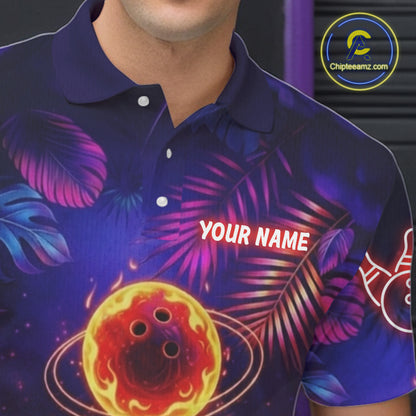 Custom Funny Cat Flame Bowling Shirt For Men, Personalized Tropical Bowling Jersey Polo & 1/4 Zip TDM6454