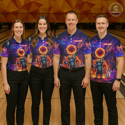Custom Funny Cat Flame Bowling Shirt For Men, Personalized Tropical Bowling Jersey Polo & 1/4 Zip TDM6454