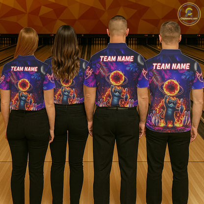 Custom Funny Cat Flame Bowling Shirt For Men, Personalized Tropical Bowling Jersey Polo & 1/4 Zip TDM6454