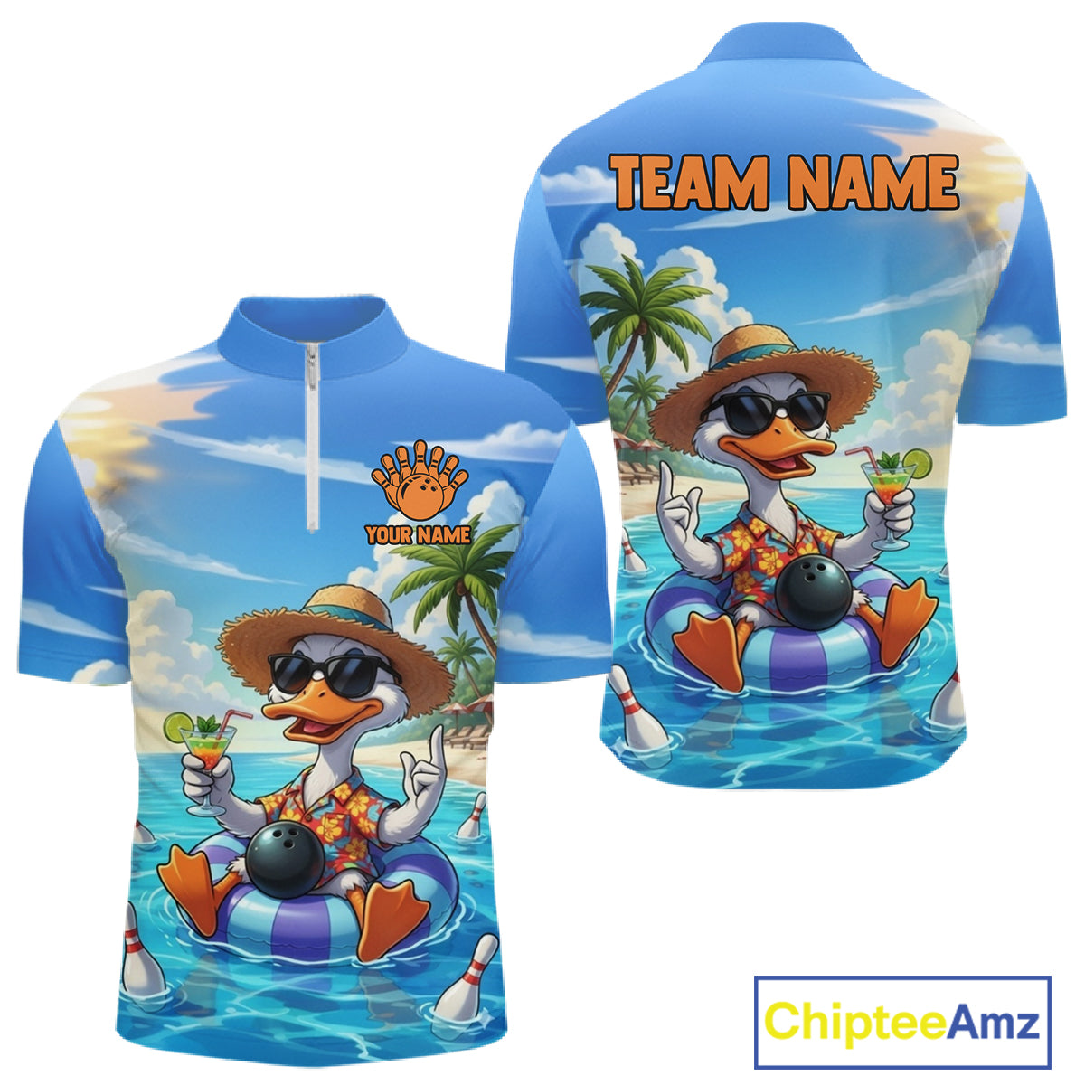 Funny Duck Bowling Jersey For Men Custom Tropical Beach Bowling Shirt Team Polo & Quarter Zip TDM6459