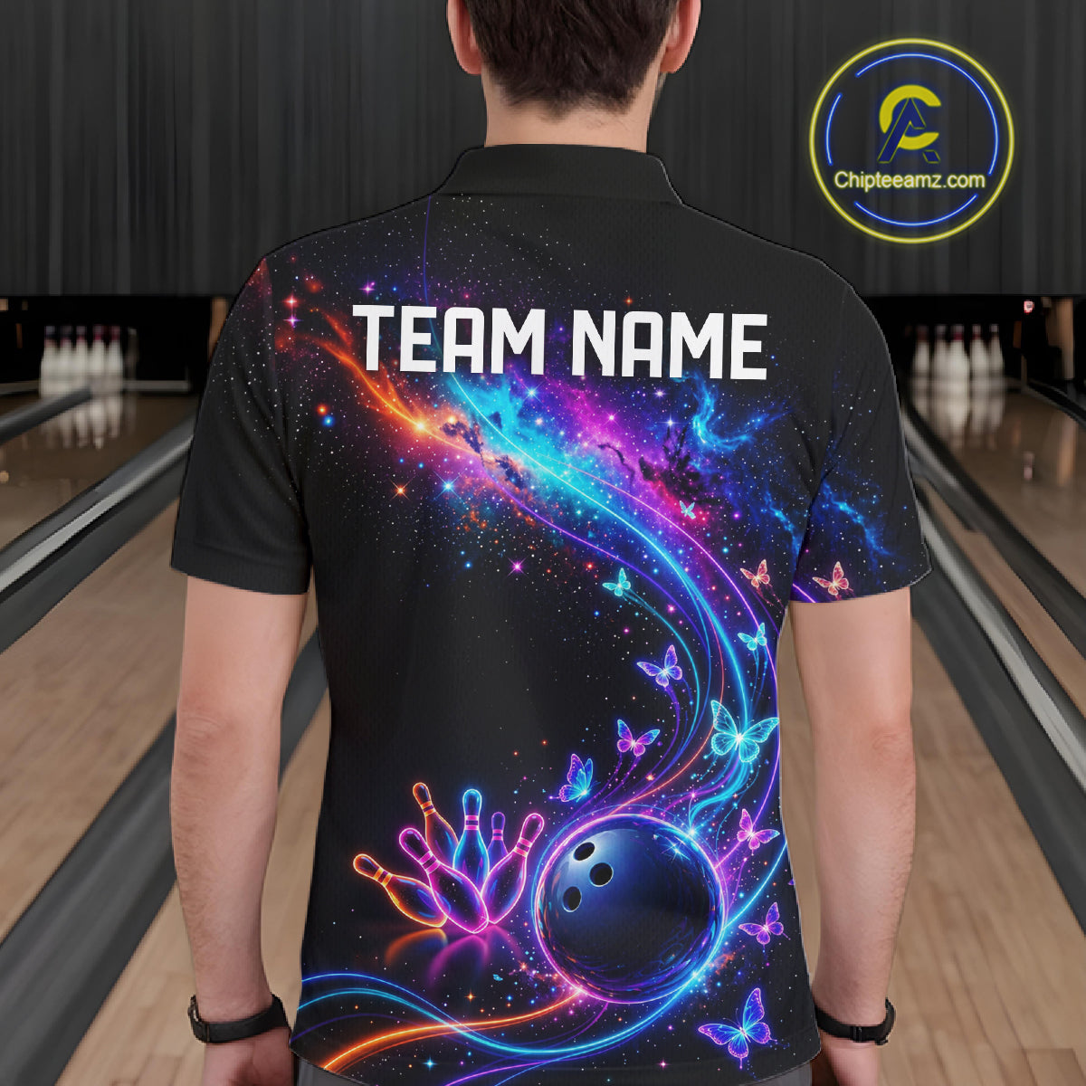 Personalized Galaxy Butterfly Bowling Shirt For Men Custom Bowling Jersey Team Polo & 1/4 Zip TDM6463