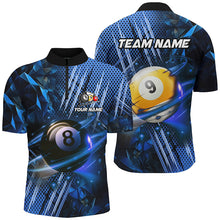 Load image into Gallery viewer, Billiard 8 Ball &amp; 9 Ball Glowing Blue Custom Men Polo &amp; Quarter-Zip Shirt, Billiard Apparel Attire TDM1732