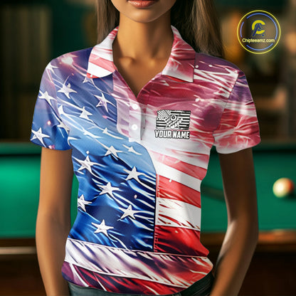 Personalized Glowing Patriotic American Flag 8 Ball Billiard Shirt For Women – Custom Pool Jersey TDM4117