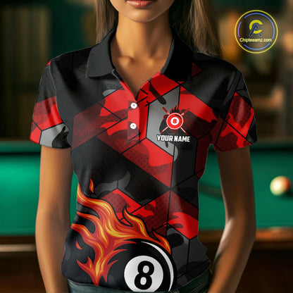 Red And Black Camo Billiard Shirt For Women Custom Flaming 8 Ball Pool Team Shirt, Billiard Jerseys TDM4119