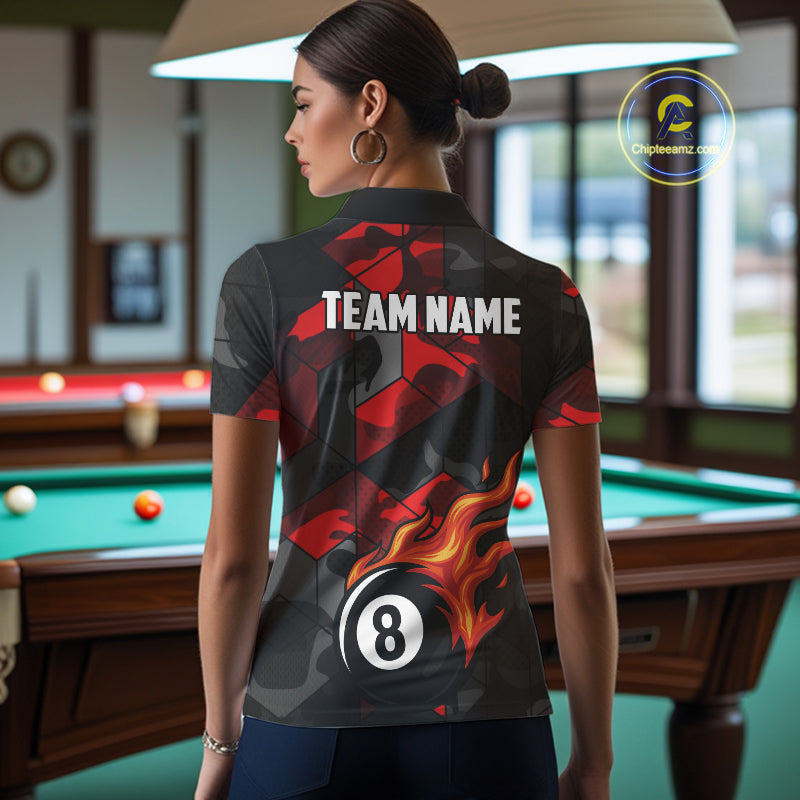 Red And Black Camo Billiard Shirt For Women Custom Flaming 8 Ball Pool Team Shirt, Billiard Jerseys TDM4119