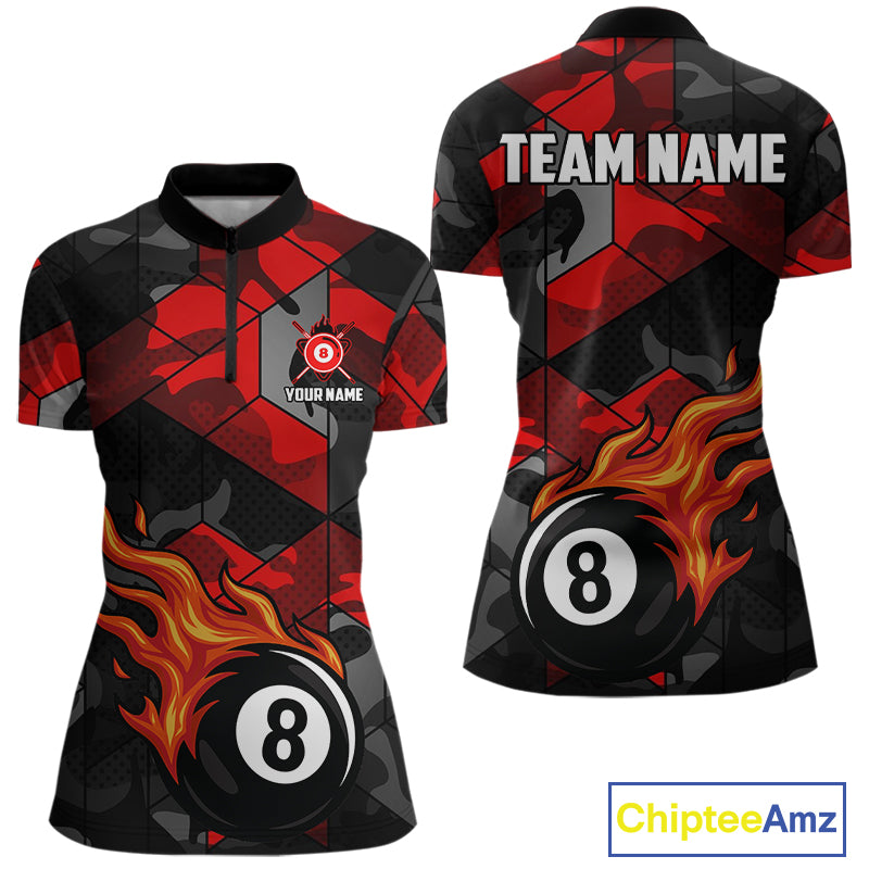 Red And Black Camo Billiard Shirt For Women Custom Flaming 8 Ball Pool Team Shirt, Billiard Jerseys TDM4119