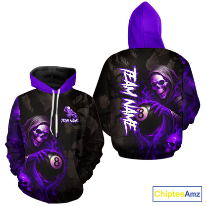 Purple Grim Reaper Flame 8 Ball Pool Hoodie For Men And Women Custom Billiard Hoodie Team Jersey TDM4121