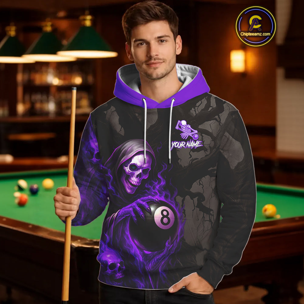 Purple Grim Reaper Flame 8 Ball Pool Hoodie For Men And Women Custom Billiard Hoodie Team Jersey TDM4121