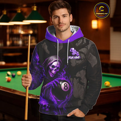 Purple Grim Reaper Flame 8 Ball Pool Hoodie For Men And Women Custom Billiard Hoodie Team Jersey TDM4121
