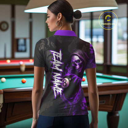 Grim Reaper Custom Flame 8 Ball Pool Billiard Shirt For Women, Purple Black Billiard Team Jersey TDM4121