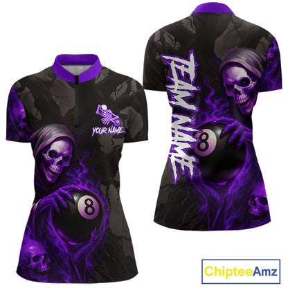 Grim Reaper Custom Flame 8 Ball Pool Billiard Shirt For Women, Purple Black Billiard Team Jersey TDM4121