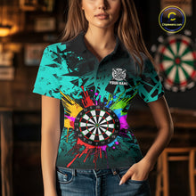 Load image into Gallery viewer, Woman wearing a turquoise dartboard darts shirt during league match front view.