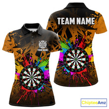 Load image into Gallery viewer, Orange darts polo shirt for women with dartboard pattern and vibrant custom team design.