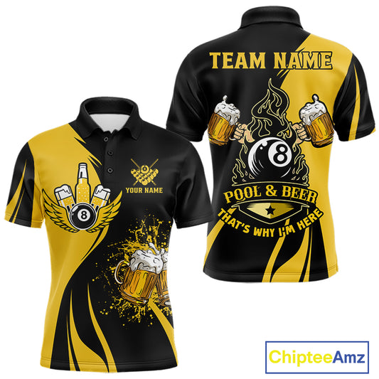 Yellow and black 8 ball billiard polo shirt for men with funny beer themed graphics and casual league style.