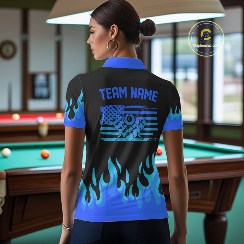 Personalized Blue Flaming Billiard Jersey For Women Custom 8 Ball Pool Billiard Team Shirts TDM4297