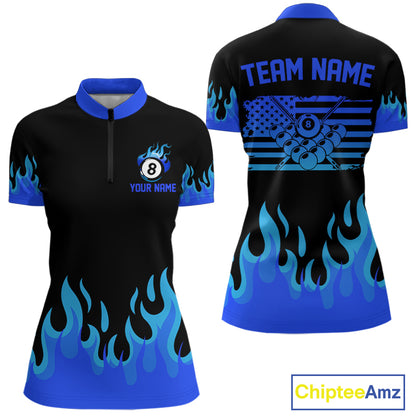 Personalized Blue Flaming Billiard Jersey For Women Custom 8 Ball Pool Billiard Team Shirts TDM4297