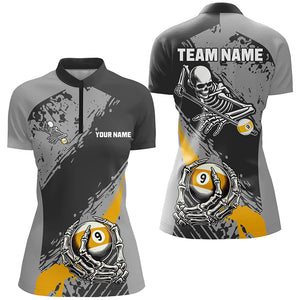 9 Ball Skeleton Custom Billiard Polo & 1/4 Zip Shirts For Women, Funny 9 Ball Pool Billiard Jerseys TDM2417