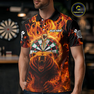 Personalized Orange Flaming Bear Darts Shirt For Men Custom Fire Darts Jersey Team Polo & 1/4 Zip TDM4730