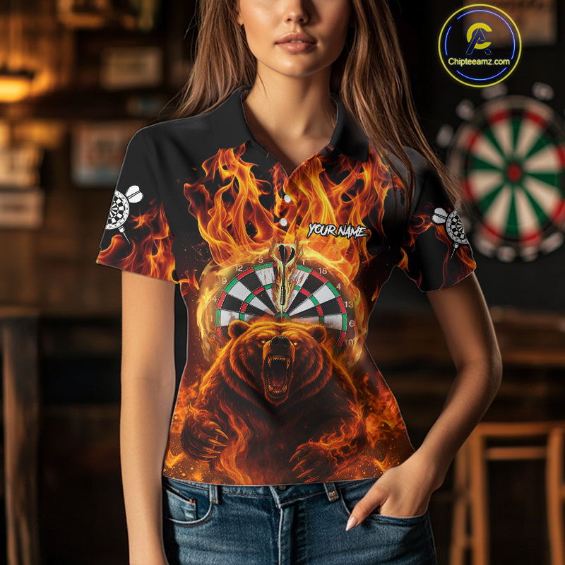 Personalized Orange Flaming Bear Darts Shirt For Women Custom Fire Darts Jersey Team Polo & 1/4 Zip TDM4730