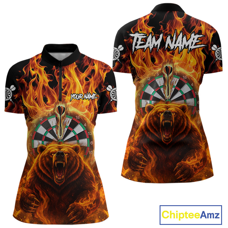 Personalized Orange Flaming Bear Darts Shirt For Women Custom Fire Darts Jersey Team Polo & 1/4 Zip TDM4730